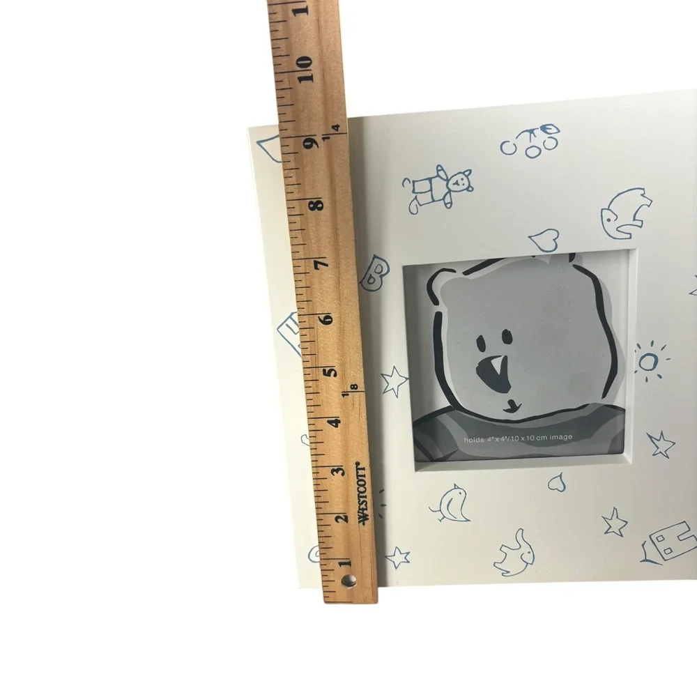 Baby GAP Wood Picture Frame Baby 4x4 White Blue Nursery Sketches‎ Bear Elephant